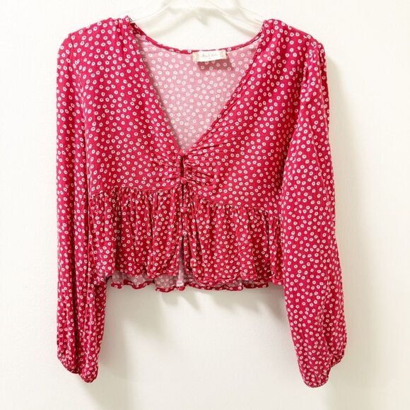 Altar’d State Red Floral Peplum Ruched Long Sleeve Top Size M - Picture 1 of 4